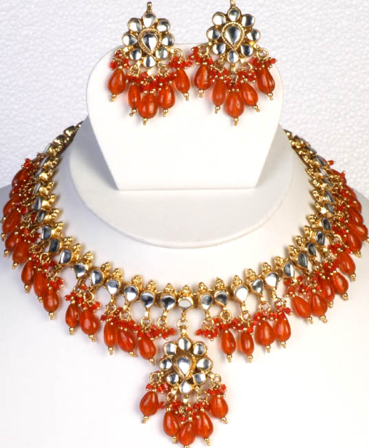 Kundan Necklace Set with Orange Glass Beads
