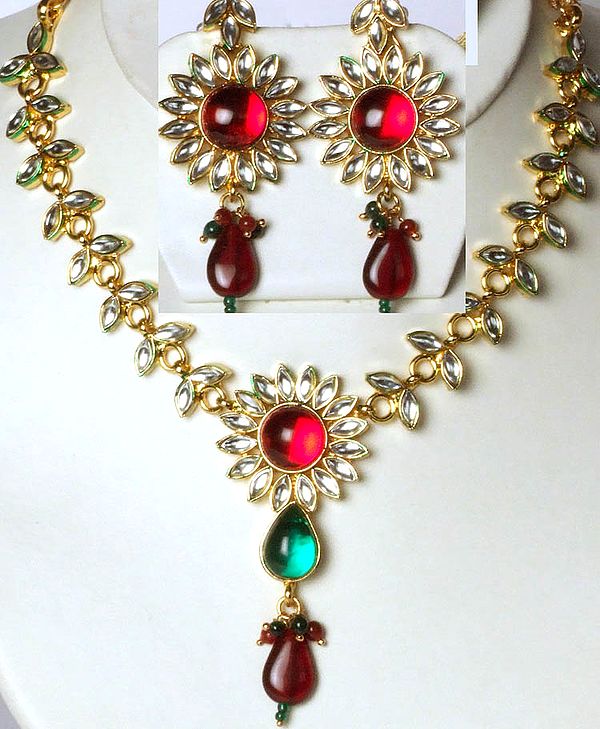 Kundan Necklace Set with Red and Green Accent