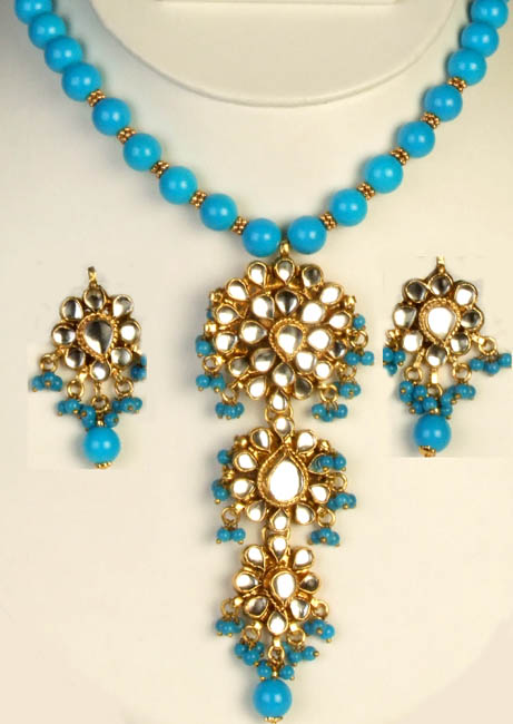 Kundan Necklace Set with Turquoise Color Beads