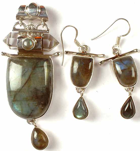 Labradorite & Crystal Pendant With Matching Earrings