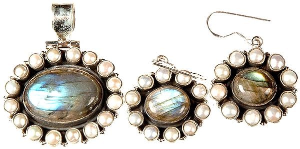 Labradorite and Pearl Pendant with Earrings Set