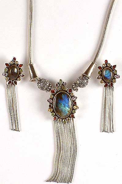 Labradorite Necklace & Earrings with Sterling Showers & Gemstones