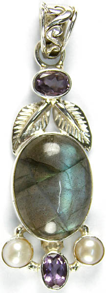 Labradorite Oval Pendant Pearl, Amethyst and Sterling Leaves