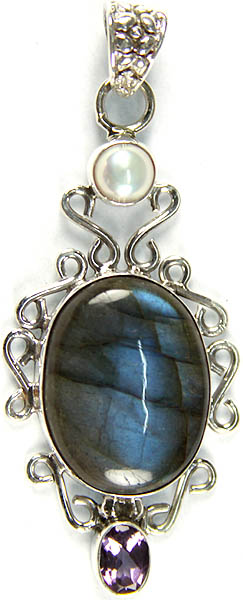 Labradorite Oval Pendant with Amethyst and Pearl)