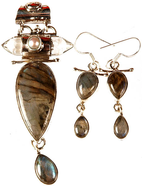 Labradorite Pendant with Pearl, Crystal and Earrings Set