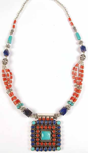 Lapis, Coral and Turquoise Tibetan Necklace