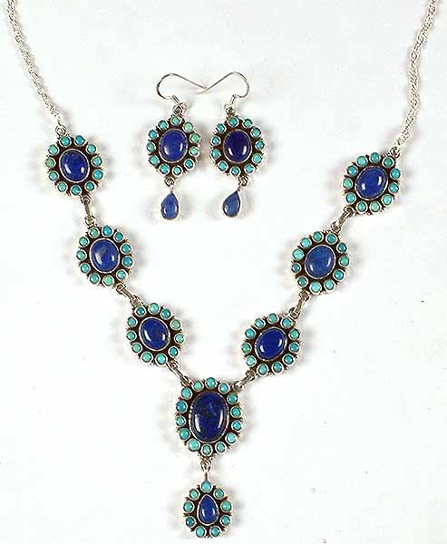 Lapis Lazuli & Turquoise Necklace With Matching Earrings Set