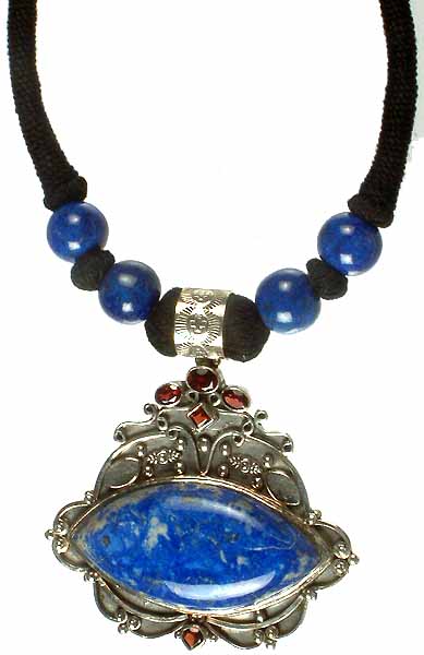 Lapis Lazuli and Garnet Necklace with Black Cord