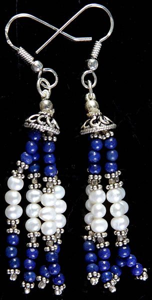 Lapis Lazuli and Pearl Beaded Shower Earrings