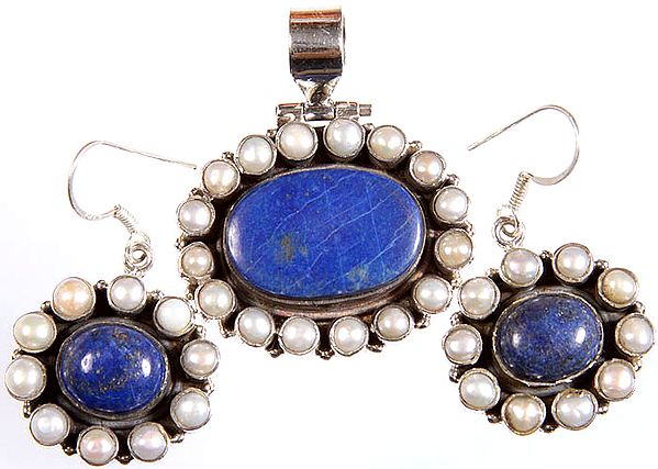 Lapis Lazuli and Pearl Pendant with Matching Earrings Set