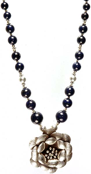 Lapis Lazuli Beaded Necklace with Blooming Flower