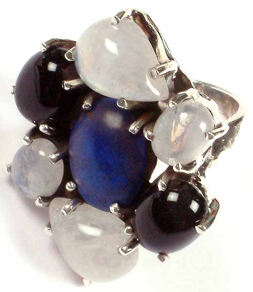 Lapis Lazuli, Black Onyx & Rainbow Moonstone Ring