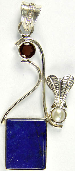 Lapis Lazuli Designer Pendant with Smoky Quartz, Pearl and Sterling Leaves
