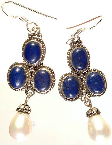 Lapis Lazuli Earrings with Dangling Pearl