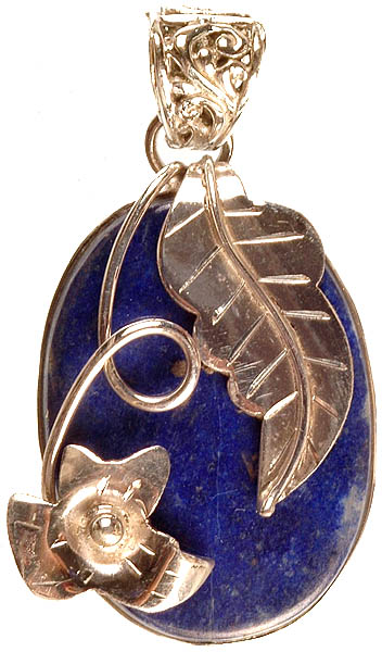 Lapis Lazuli Oval Pendant with Sterling Leaf and Flower