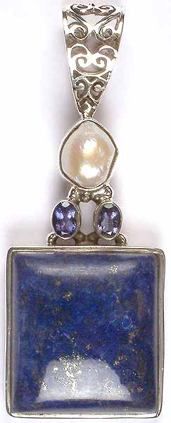 Lapis Lazuli Pendant with Pearl and Iolite