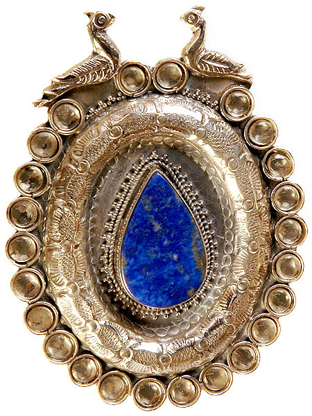 Lapis Lazuli Teardrop Pendant with Twin Peacock