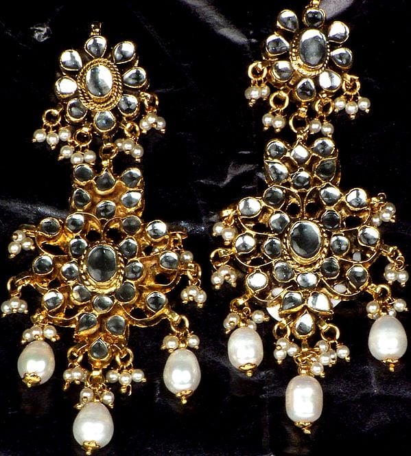 Large Imitation Pearl and Kundan Earrings