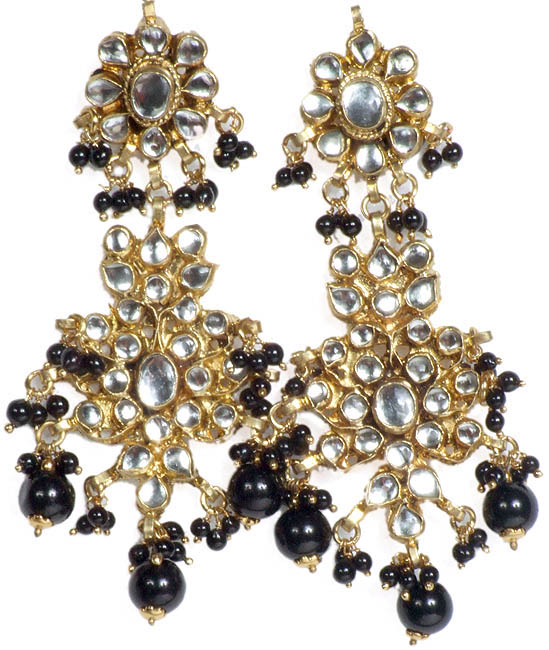 Large Kundan Black Earrings with Dangling Beads