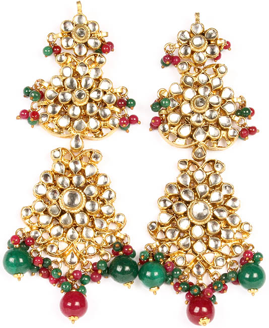 Large Kundan Earrings with Red and Green Glass Beads