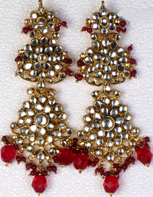 Large Kundan Earrings with Red Cut Glass Beads