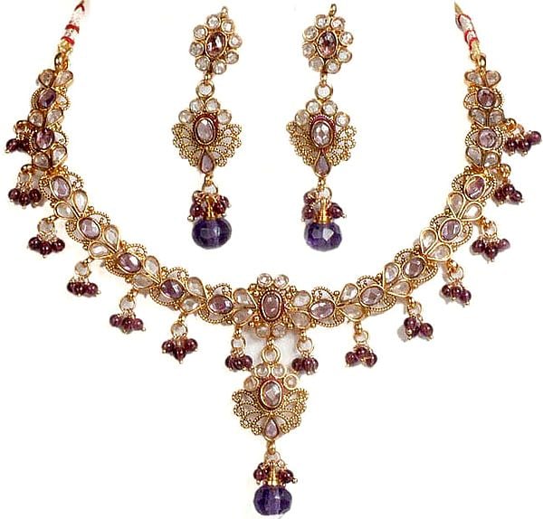 Lavender Polki Necklace and Earrings Set