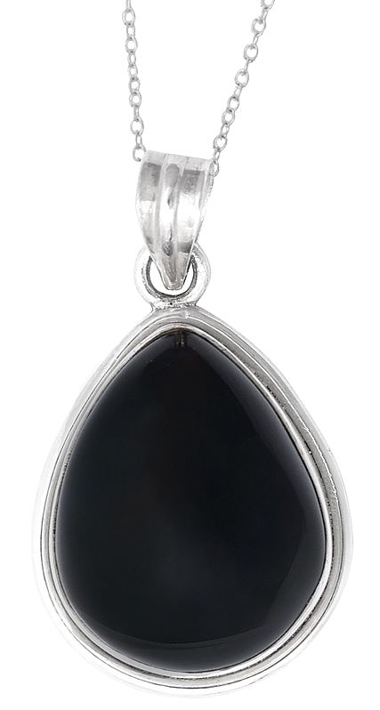 Drop Shaped Black Onyx Gemstone Studded Sterling Silver Pendant