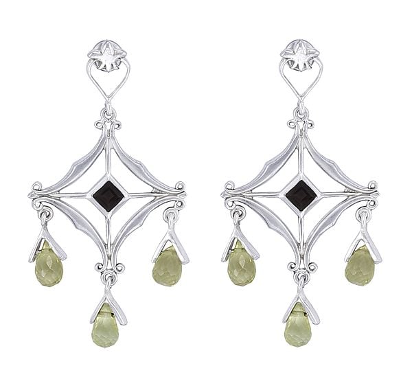 Sterling Silver Earrings Studded with Peridot and Smoky Quartz Stone