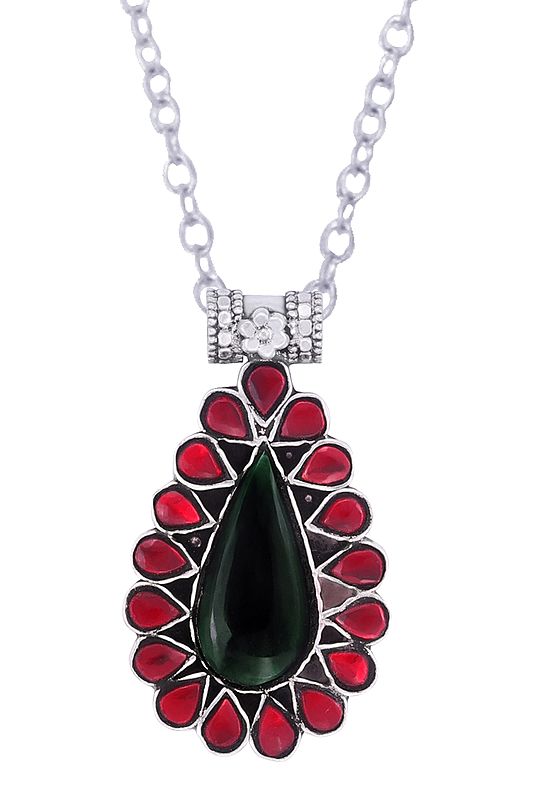 Sterling Silver Pendant with Red and Green Colored Glass