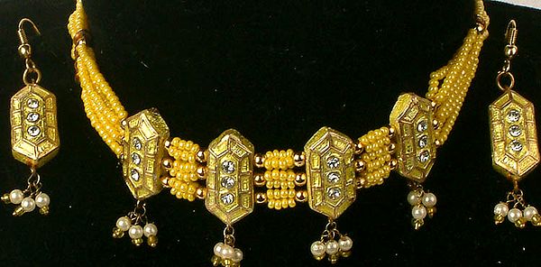 Lemon Yellow Mughal Beaded Choker with Matching Earrings Set