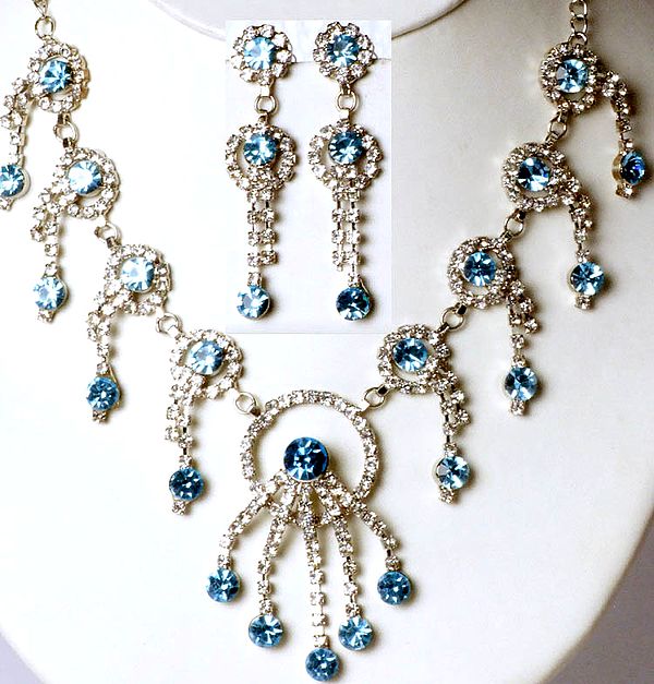 Light-Blue Victorian Necklace and Earrings Set with Cut Glass