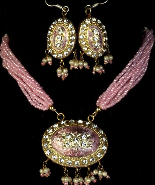 Lilac and Pink Necklace and Earrings Set with Oval Pendant
