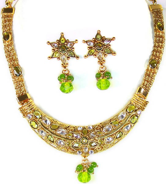 Lime-Green Polki Necklace and Earrings Set with Cut Glass