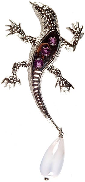 Lizard Pendant with Fine Cut Amethyst and Dangling Plain Blue Chalcedony