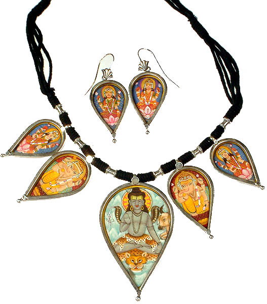 Lord Shiva, Ganesha and Lakshmi Necklace with Earrings Set