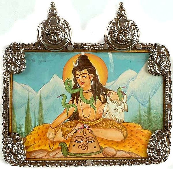 Lord Shiva on the Mount of Kailash with Nandi and Four Sterling Images of Shiva and Twin Surya Atop