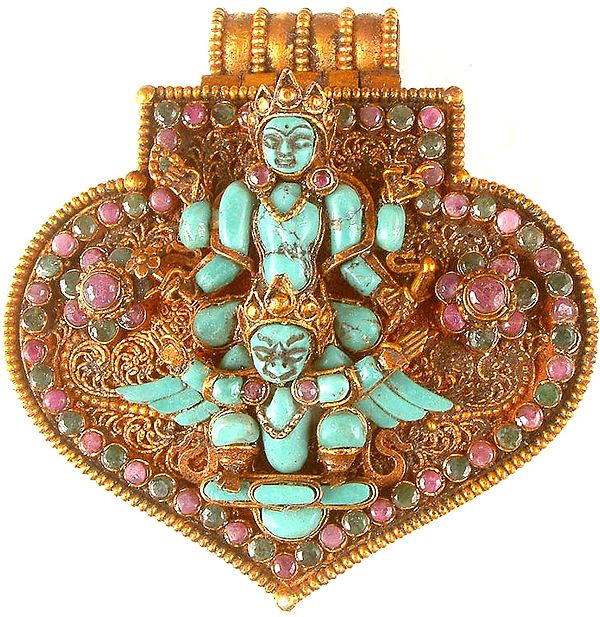 Lord Vishnu on Garuda with Goddess Lakshmi Inside (Gau Pendant Handcrafted in Nepal)
