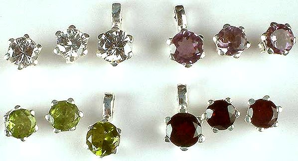 Lot Five Faceted Gemstone Pendant with Matching Post Earrings<br>(Cubic Zirconia, Amethyst, Peridot & Garnet)