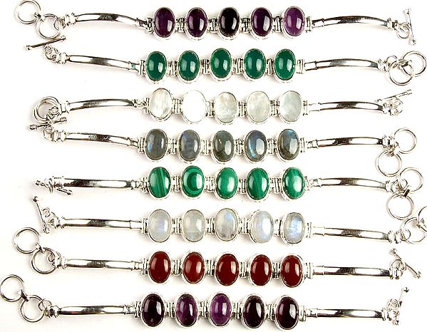 Lot of Eight Gemstone Bracelets (Amethyst, Green Onyx, MOP, Labradorite, Malachite, Rainbow Moonstone, Carnelian and Amethyst)