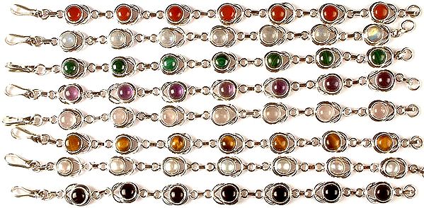 Lot of Eight Gemstone Bracelets<br>(Carnelian, Rainbow Moonstone, Malachite, Amethyst, Rose Quartz, Tiger Eye, Pearl & Black Onyx)