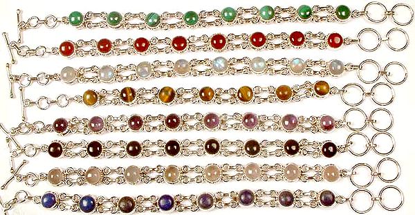 Lot of Eight Gemstone Bracelets<br>(Malachite, Carnelian, Rainbow Moonstone, Tiger Eye, Amethyst, Black Onyx, Rose Quartz & Lapis Lazuli)