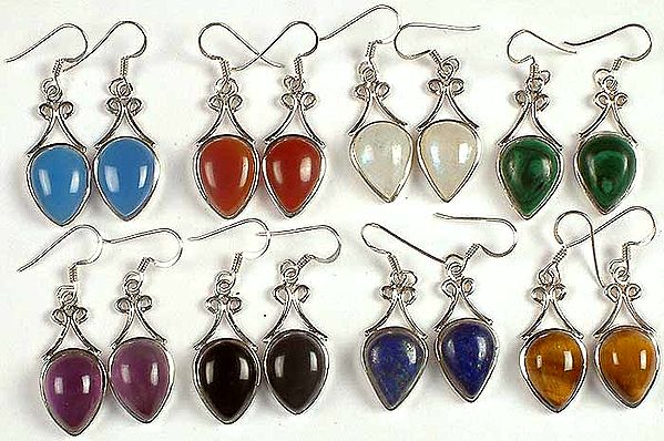 Lot of Eight Gemstone Cabochon Earrings<br>(Blue Chalcedony, Carnelian, Rainbow Moonstone, Malachite, Amethyst, Black Onyx, Lapis Lazuli & Tiger Eye)