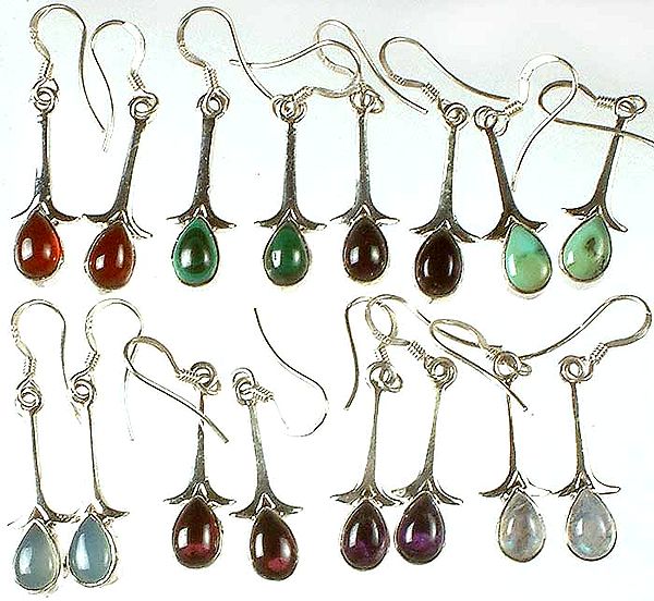 Lot of Eight Gemstone Earrings (Carnelian, Malachite, Black Onyx, Turquoise, Blue Chalcedony, Garnet, Amethyst and Rainbow Moonstone)