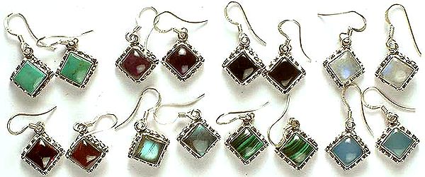 Lot of Eight Gemstone Earrings (Turquoise, Amethyst, Black Onyx, Rainbow Moonstone, Garnet, Labradorite, Malachite, & Blue Chalcedony)