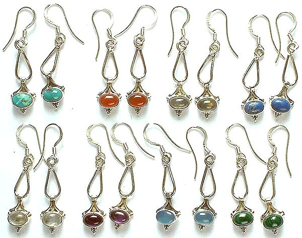 Lot of Eight Gemstone Earrings (Turquoise, Carnelian, Labradorite, Lapis Lazuli, Rainbow Moonstone, Amethyst, Blue Chalcedony, & Malachite)