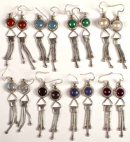 Lot of Eight Gemstone Earrings with Showers <br>(Carnelian, Blue Chalcedony, Malachite, Pearl, Rainbow Moonstone, Black Onyx, Lapis Lazuli & Garnet)