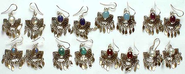 Lot of Eight Gemstone Earrings with Sterling Dangles<br>(Rainbow Moonstone, Lapis Lazuli, Blue Chalcedony, Amethyst, Labradorite, Turquoise, Garnet & Pearl)
