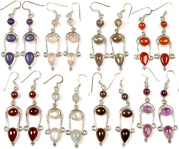 Lot of Eight Gemstone Earrings<br>(Lapis Lazuli, Rose Quartz, Labradorite, Carnelian, Garnet, Rainbow Moonstone, Black Onyx & Amethyst)
