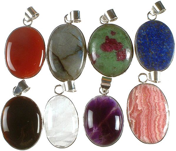 Lot of Eight Gemstone Oval Pendants (Carnelian, Labradorite, Ruby Zoisite, Lapis Lazuli, Black Onyx, Rainbow Moonstone, Amethyst and Rhodochrosite)