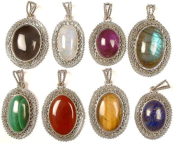 Lot Of Eight Gemstone Oval Pendants<br>(Black Onyx, Rainbow Moonstone, Amethyst, Labradorite, Malachite, Carnelian, Tiger Eye & Lapis Lazuli)